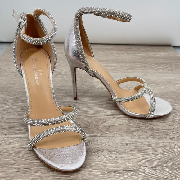 LAUREN LORRAINE Dria Silver Embellished Formal Ankle Strap Stiletto Heel- Sz 10 - Picture 1 of 11